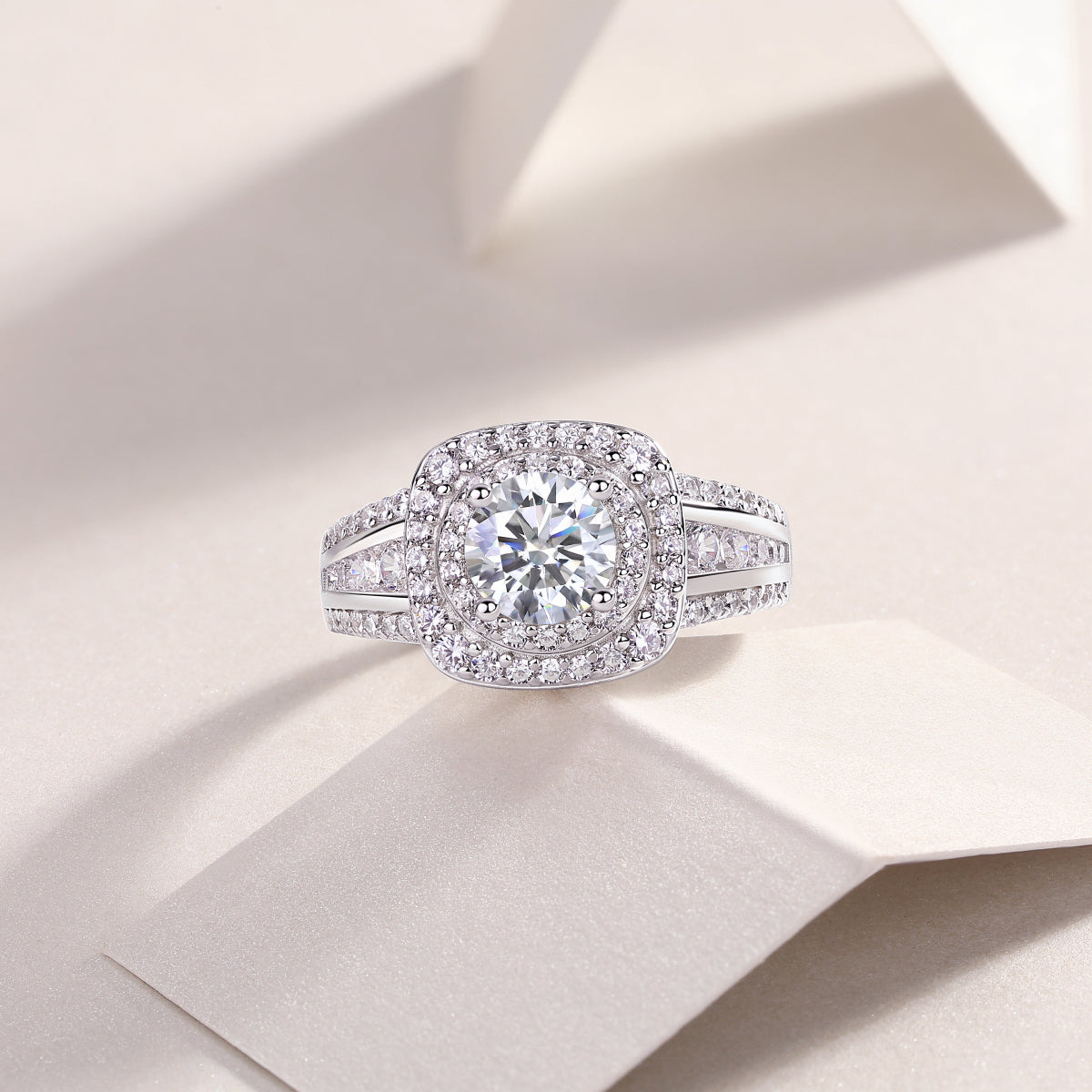 Round Moissanite Double-Halo Split-Shank Ring in 925 Sterling Silver