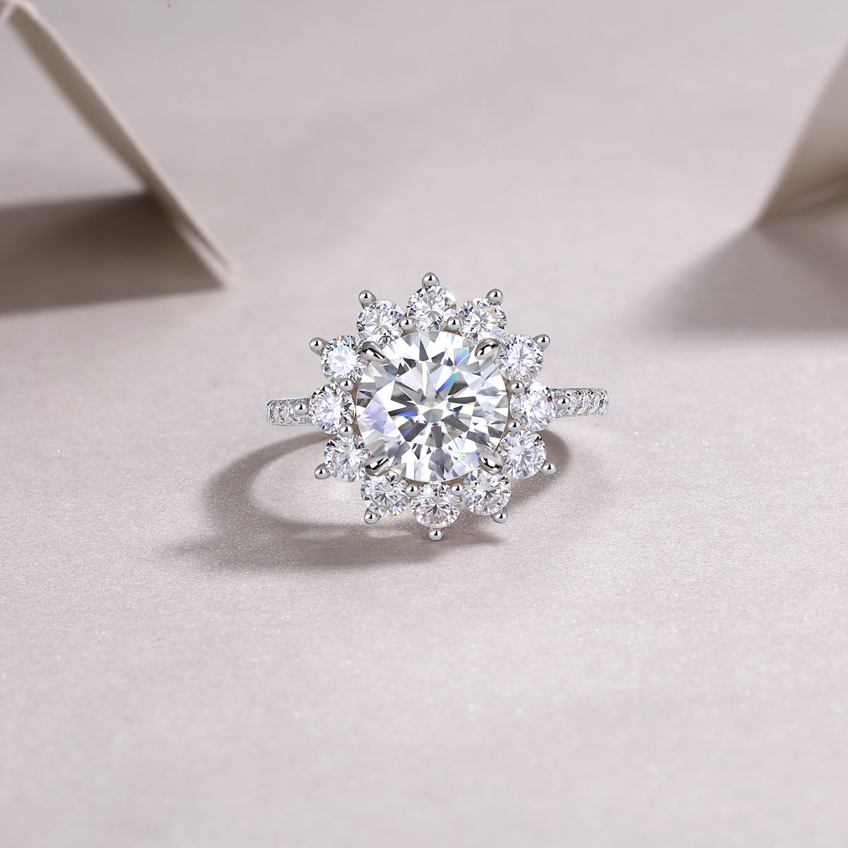 Round Moissanite Sunflower Halo Ring with Pear Petals in 925 Silver