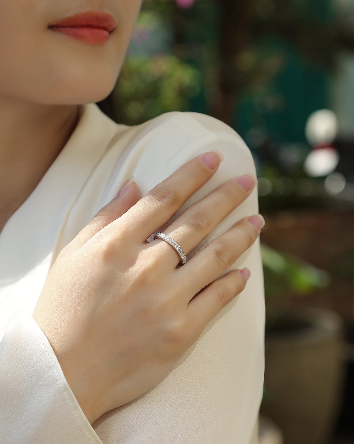 Moissanite Segmented Half-Eternity Band in 925 Sterling Silver - worn