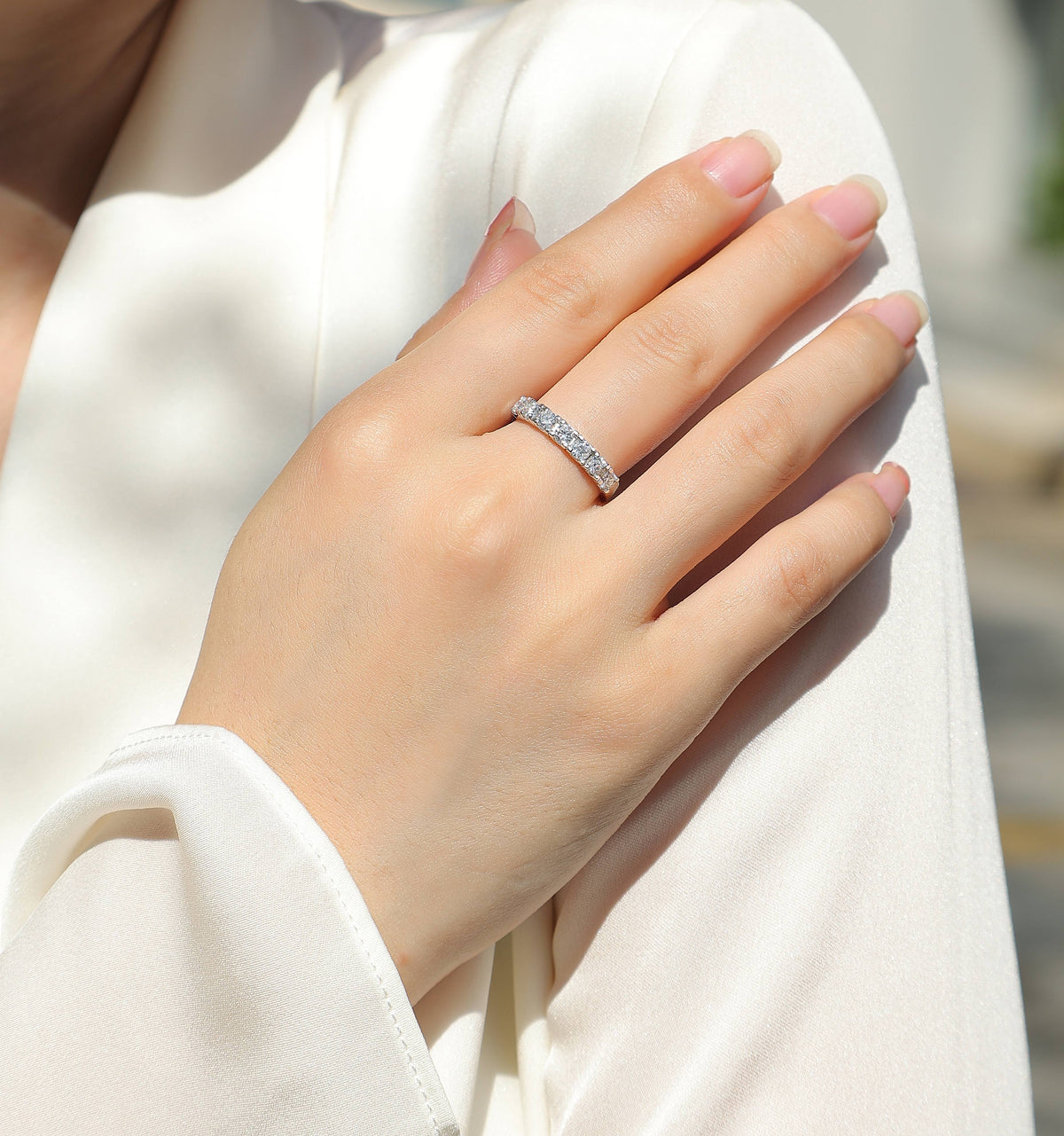 Seven-Stone Moissanite Half-Eternity Band in 925 Sterling Silver - worn
