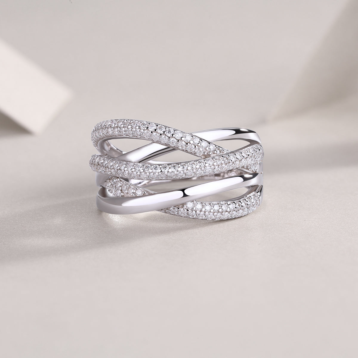 Moissanite Multi-Band Crossover Pave Wrap Ring in 925 Sterling Silver