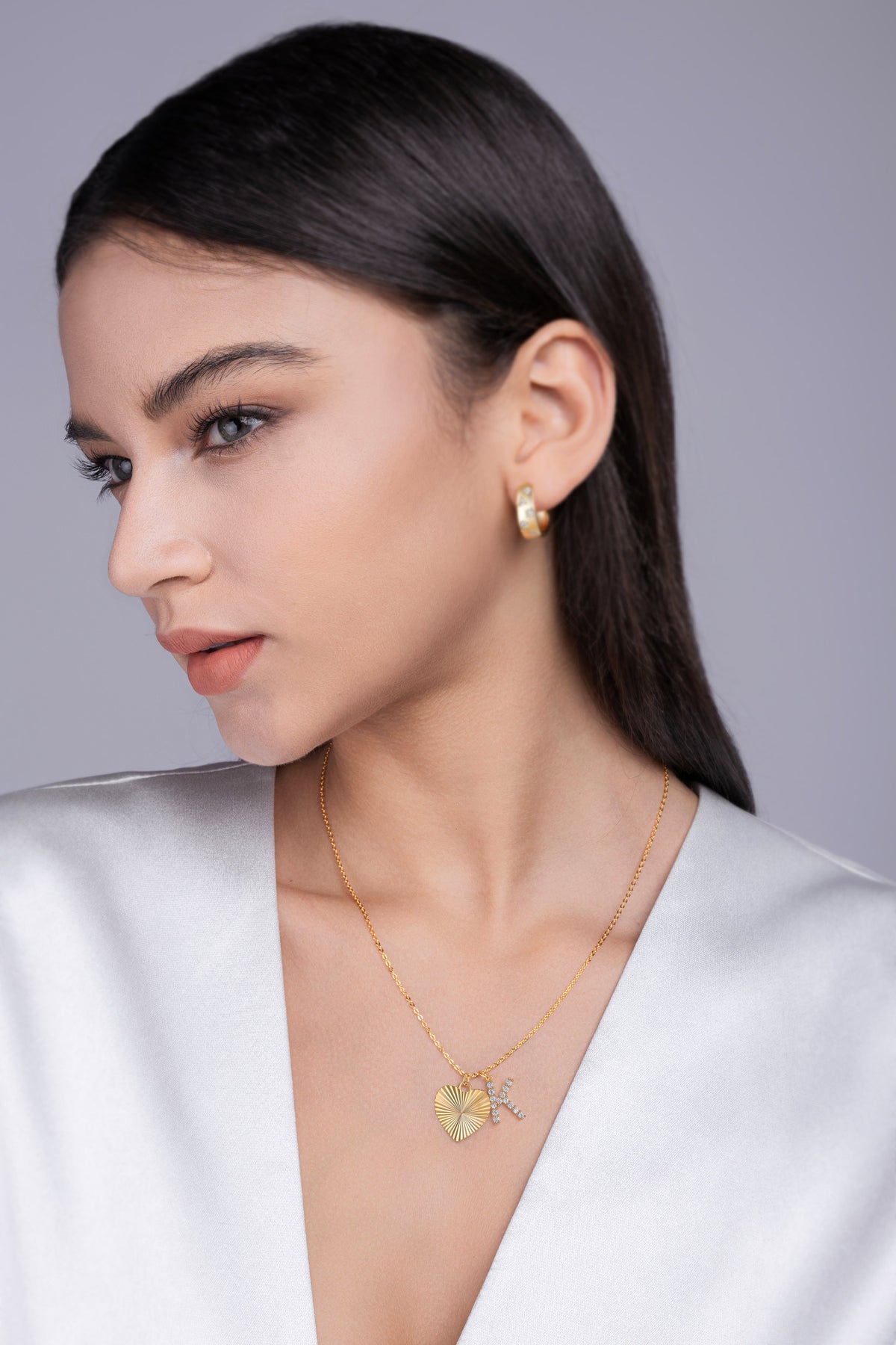Moissanite Pave Initial and Fluted Heart Necklace in Gold-Plated 925 Silver - worn