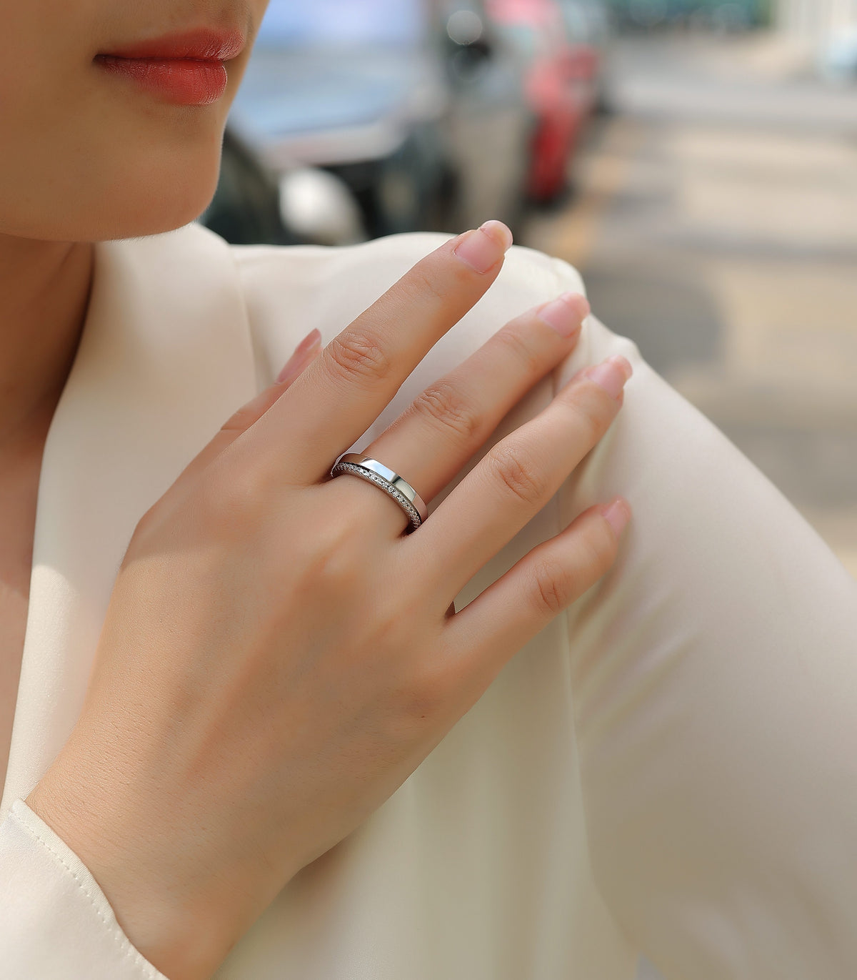 Moissanite Slim Pave and Polished Stacked Band in 925 Sterling Silver - worn
