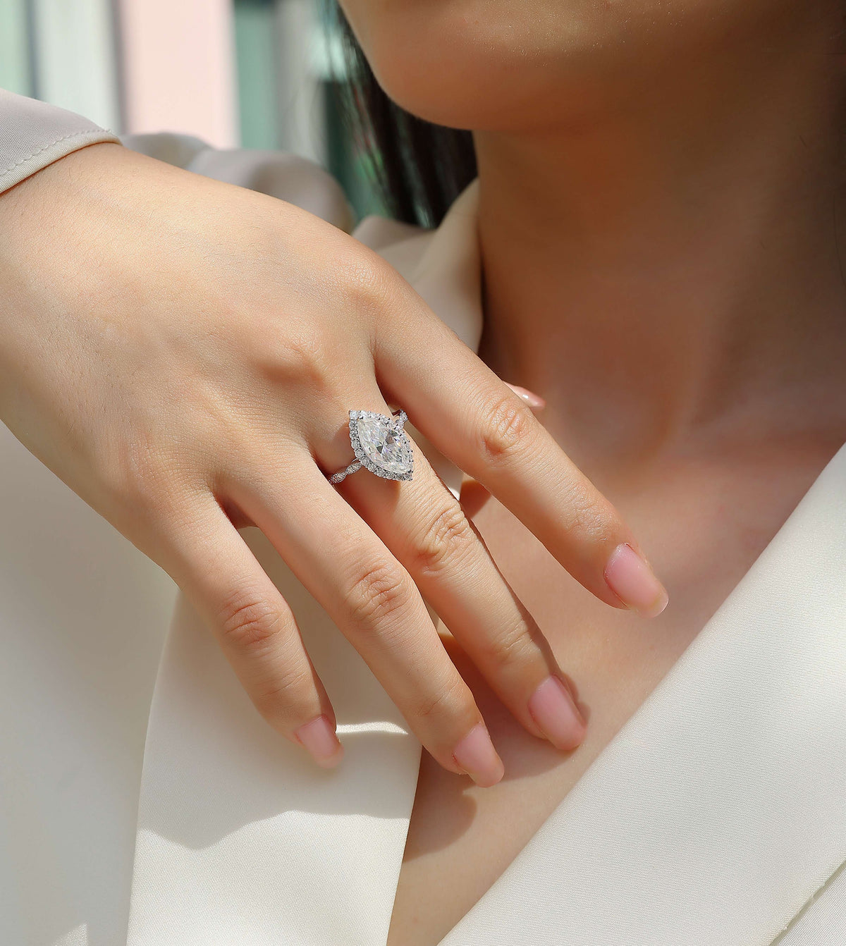 Marquise Moissanite Vintage-Style Halo Engagement Ring in 925 Silver - worn