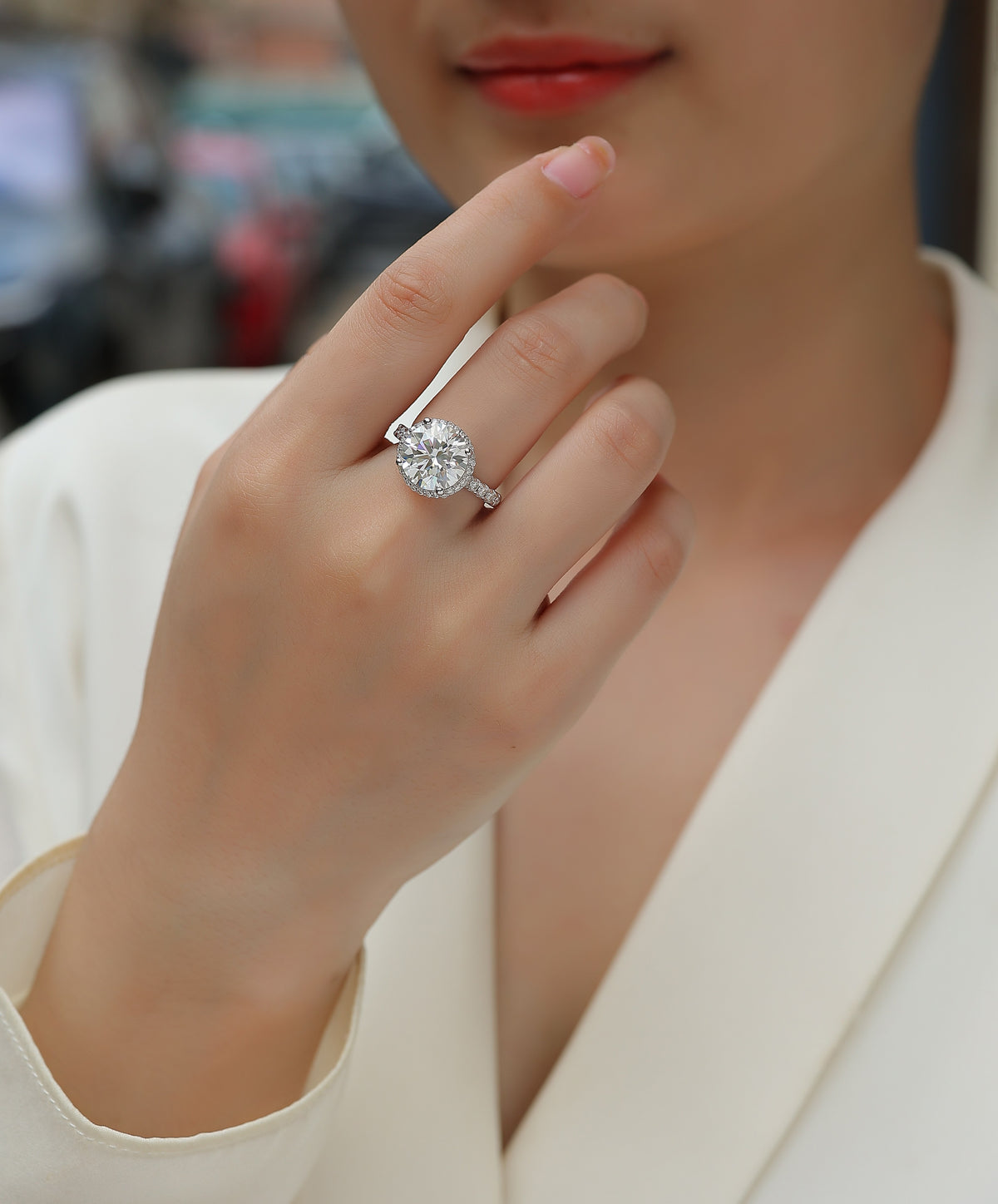 Round Moissanite Halo Engagement Ring in 925 Sterling Silver - worn