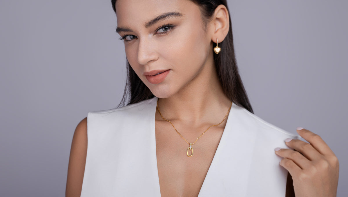 Moissanite Pave Bail Paperclip Link Pendant in Gold-Plated 925 Silver - worn