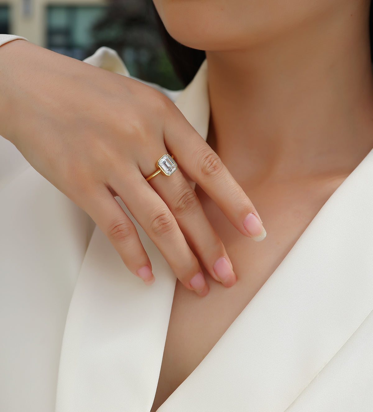 Emerald-Cut Moissanite Bezel Solitaire Ring in Gold-Plated 925 Silver - worn