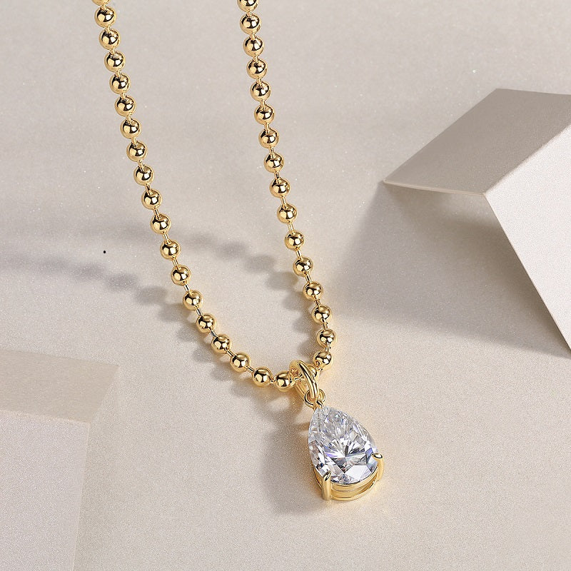 Pear Moissanite Pendant on Ball Chain in Gold-Plated 925 Silver