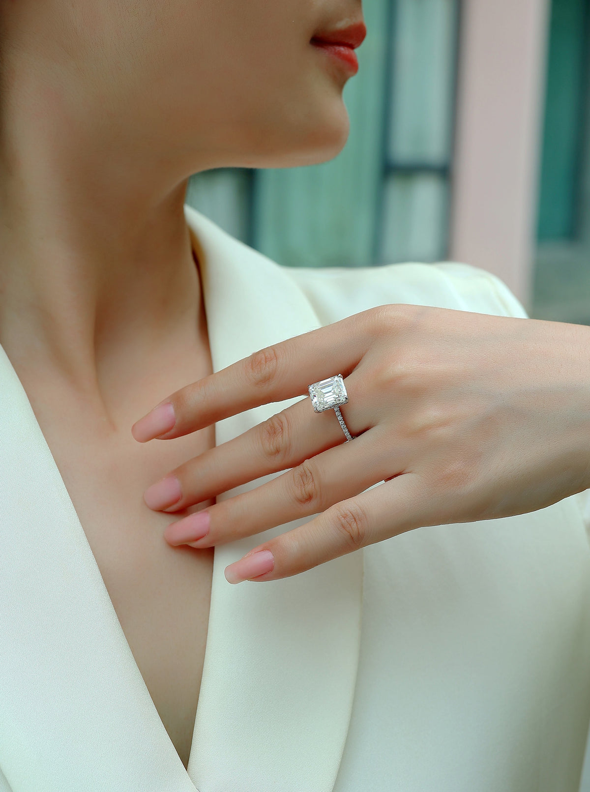 Emerald-Cut Moissanite Hidden-Halo Solitaire Ring in 925 Silver - worn
