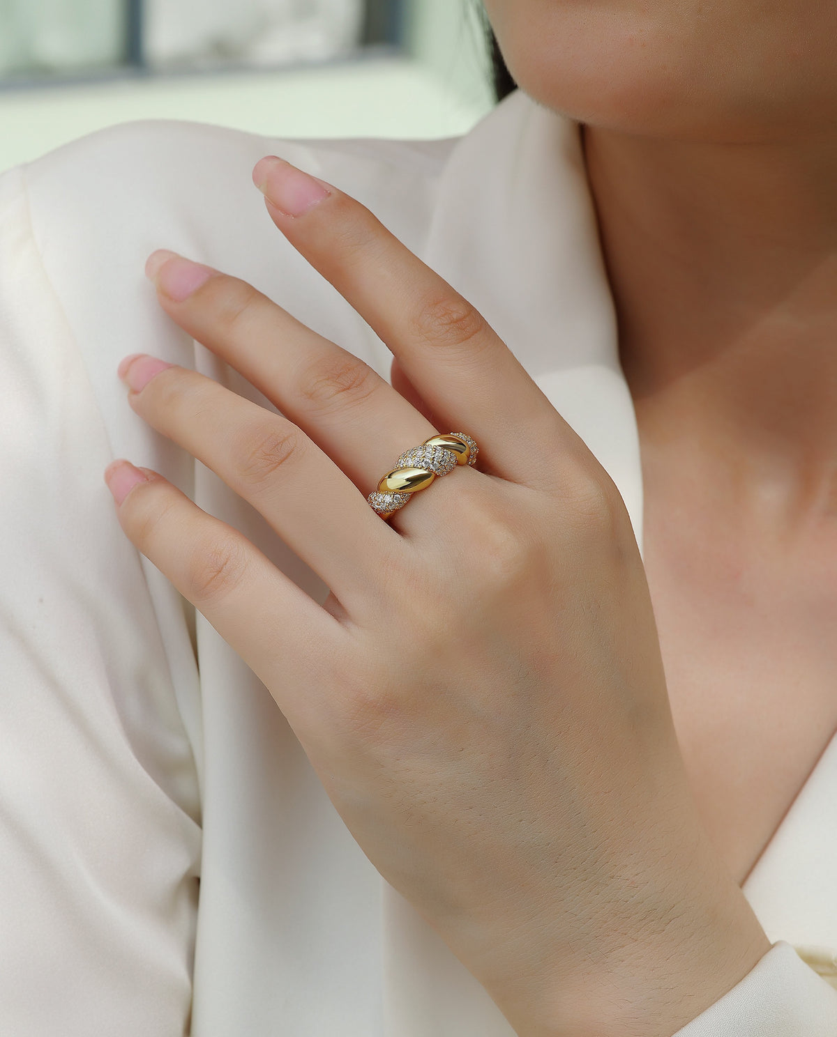 Moissanite Pave Twisted Croissant Dome Ring in Gold-Plated 925 Silver - worn