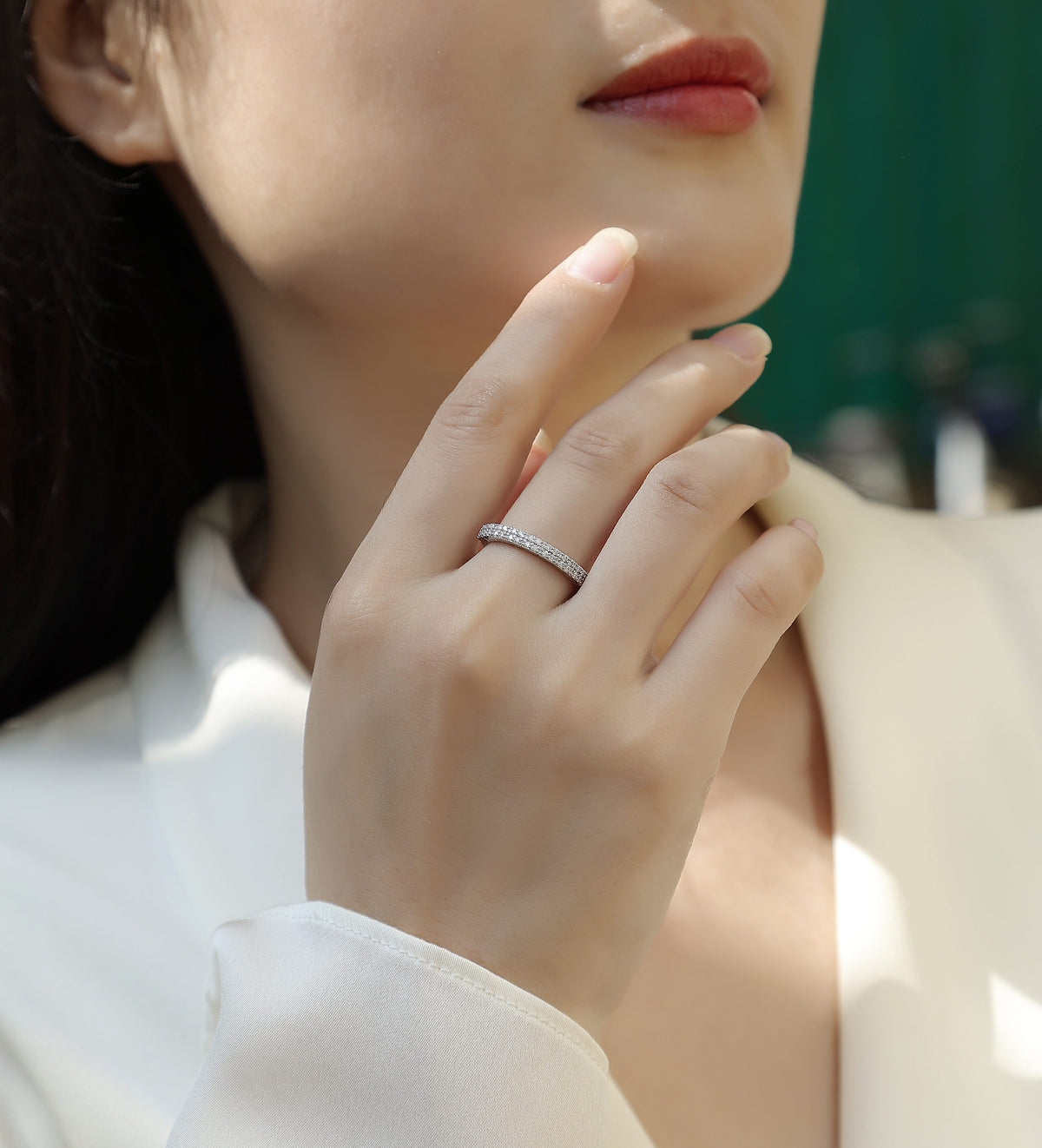 Moissanite Segmented Half-Eternity Band in 925 Sterling Silver - worn