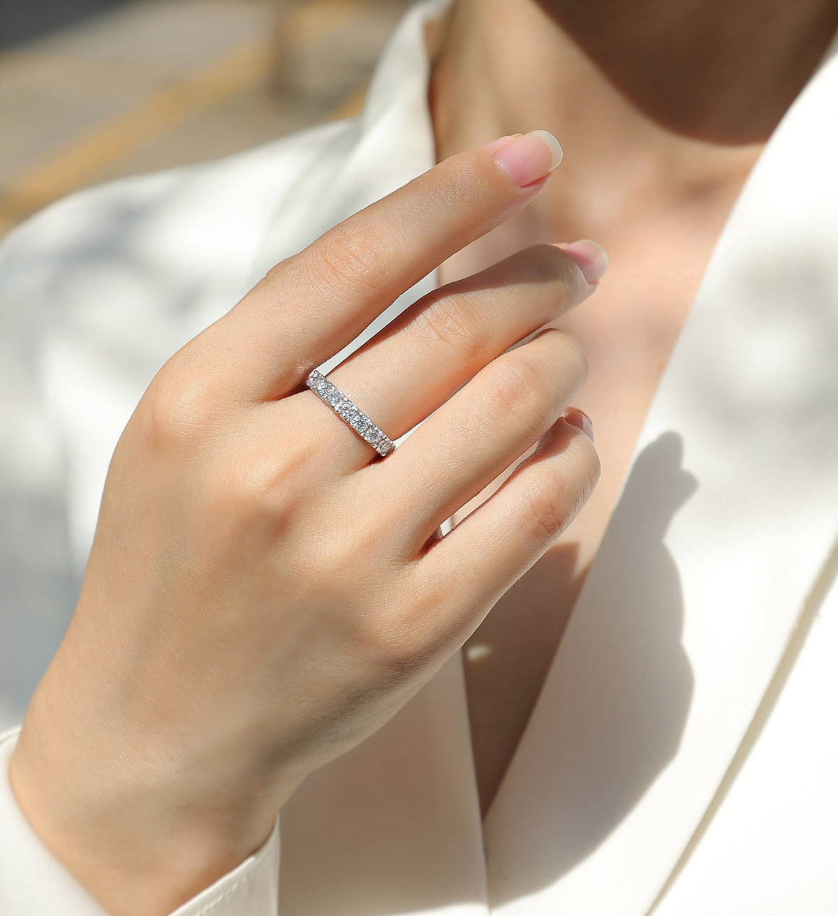 Seven-Stone Moissanite Half-Eternity Band in 925 Sterling Silver - worn