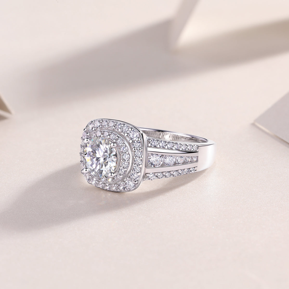 Round Moissanite Double-Halo Split-Shank Ring in 925 Sterling Silver