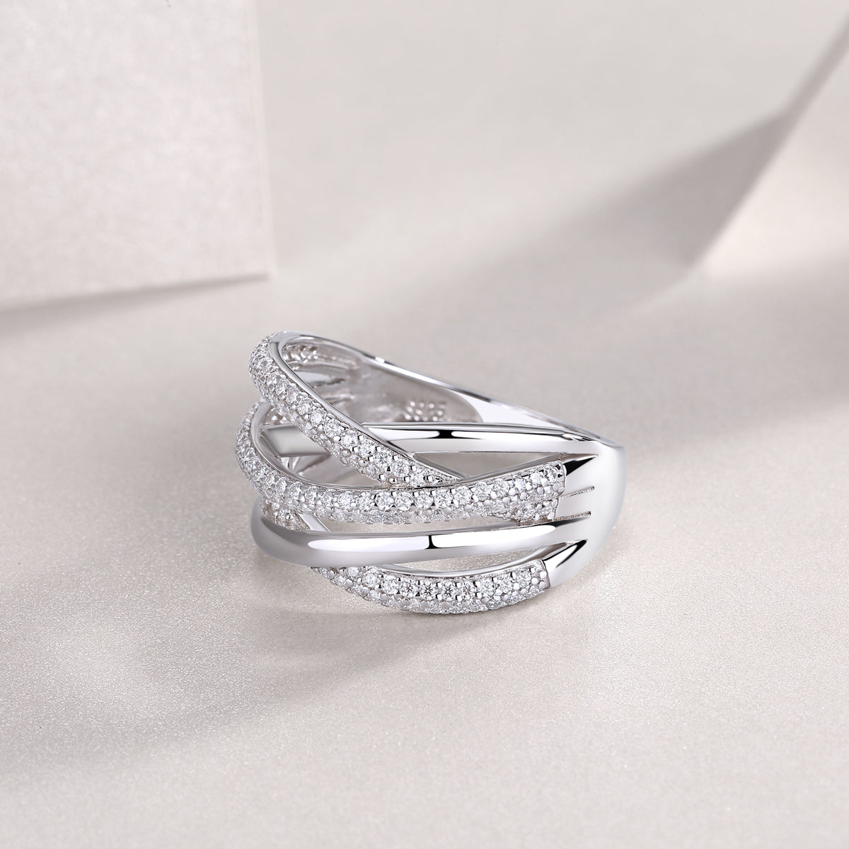 Moissanite Multi-Band Crossover Pave Wrap Ring in 925 Sterling Silver