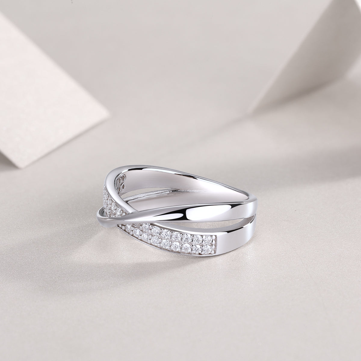 Moissanite Pave Crossover Ring in 925 Sterling Silver