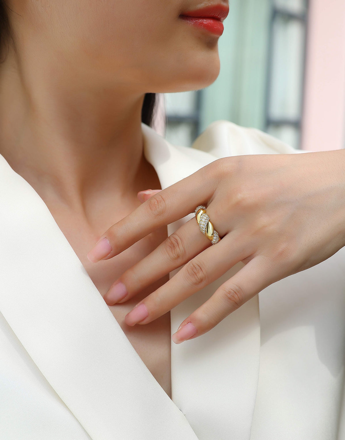 Moissanite Pave Twisted Croissant Dome Ring in Gold-Plated 925 Silver - worn