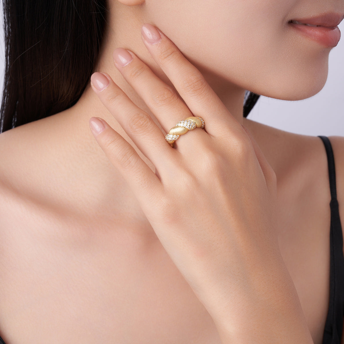 Moissanite Pave Twisted Croissant Dome Ring in Gold-Plated 925 Silver - worn