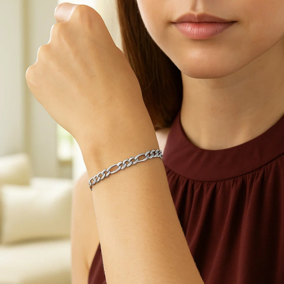 14k White Gold Solid Figaro Bracelet (3.80 mm)