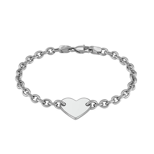 Sterling Silver Rhodium Plated Chain Bracelet with a Flat Heart Station(5.00 mm)