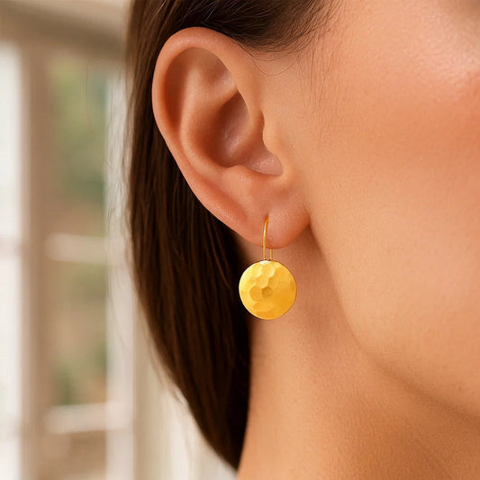 14k Yellow Gold Hammered Texture Disc Drop Earrings Medium