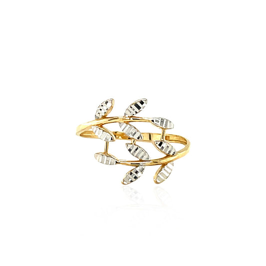14k Two Tone Gold Crossover Ring with Textured Leaves (1.50 mm)