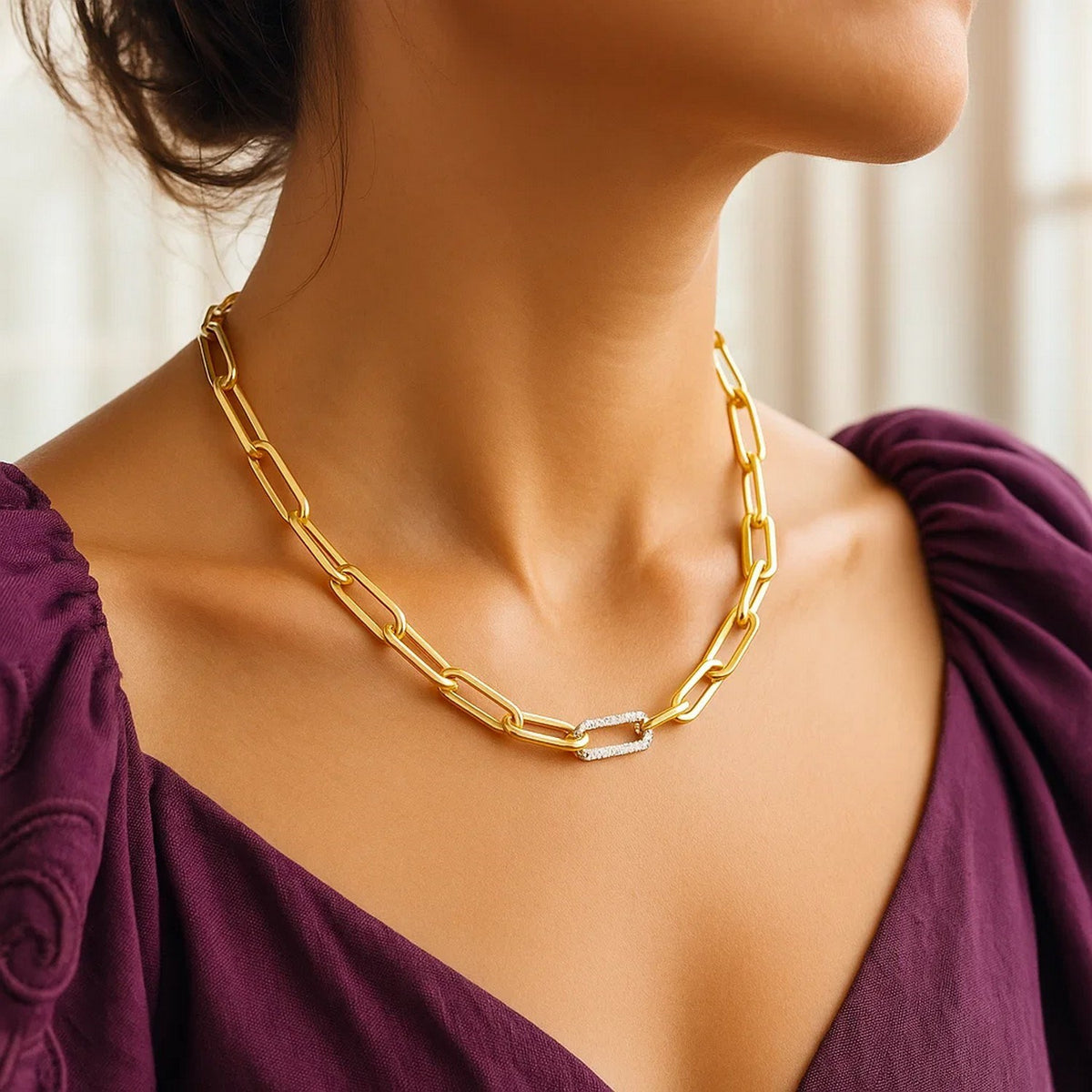 14k Yellow Gold Paperclip Chain Necklace with Diamond Link (6.00 mm)