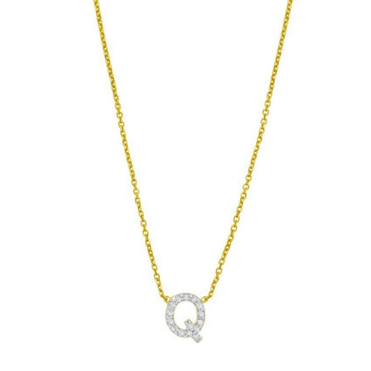 14K Yellow Gold Mini Diamond Q Initial Pendant Necklace