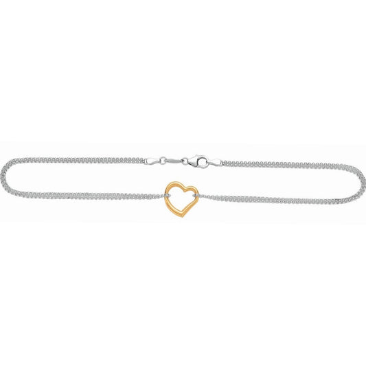 14k Yellow Gold and Sterling Silver Anklet with a Single Open Heart Station