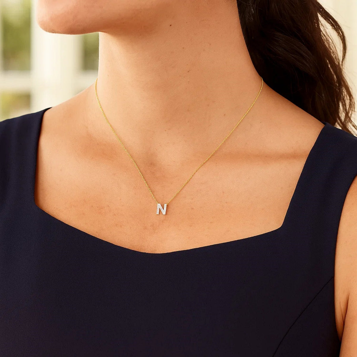 14K Yellow Gold Mini Diamond N Initial Pendant Necklace