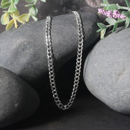 Rhodium Plated 3.7mm Sterling Silver Curb Style Chain (3.70 mm)