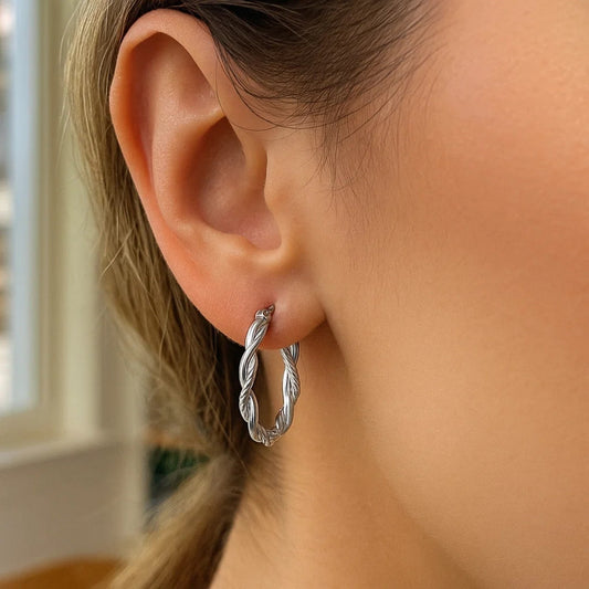 Sterling Silver Oval Hoop Braided Diamond Cut Earrings(4x22mm)