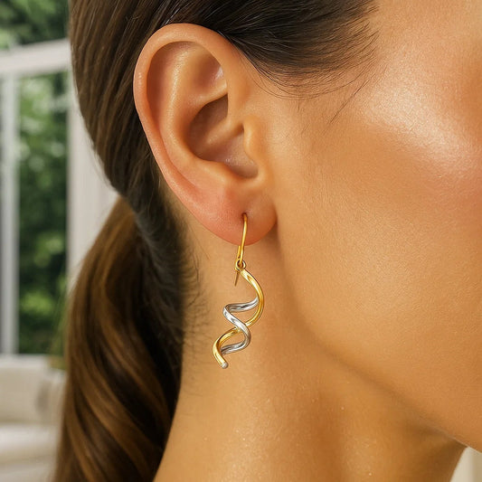 14k Two Tone Gold Double Helix Polished Dangling Earrings