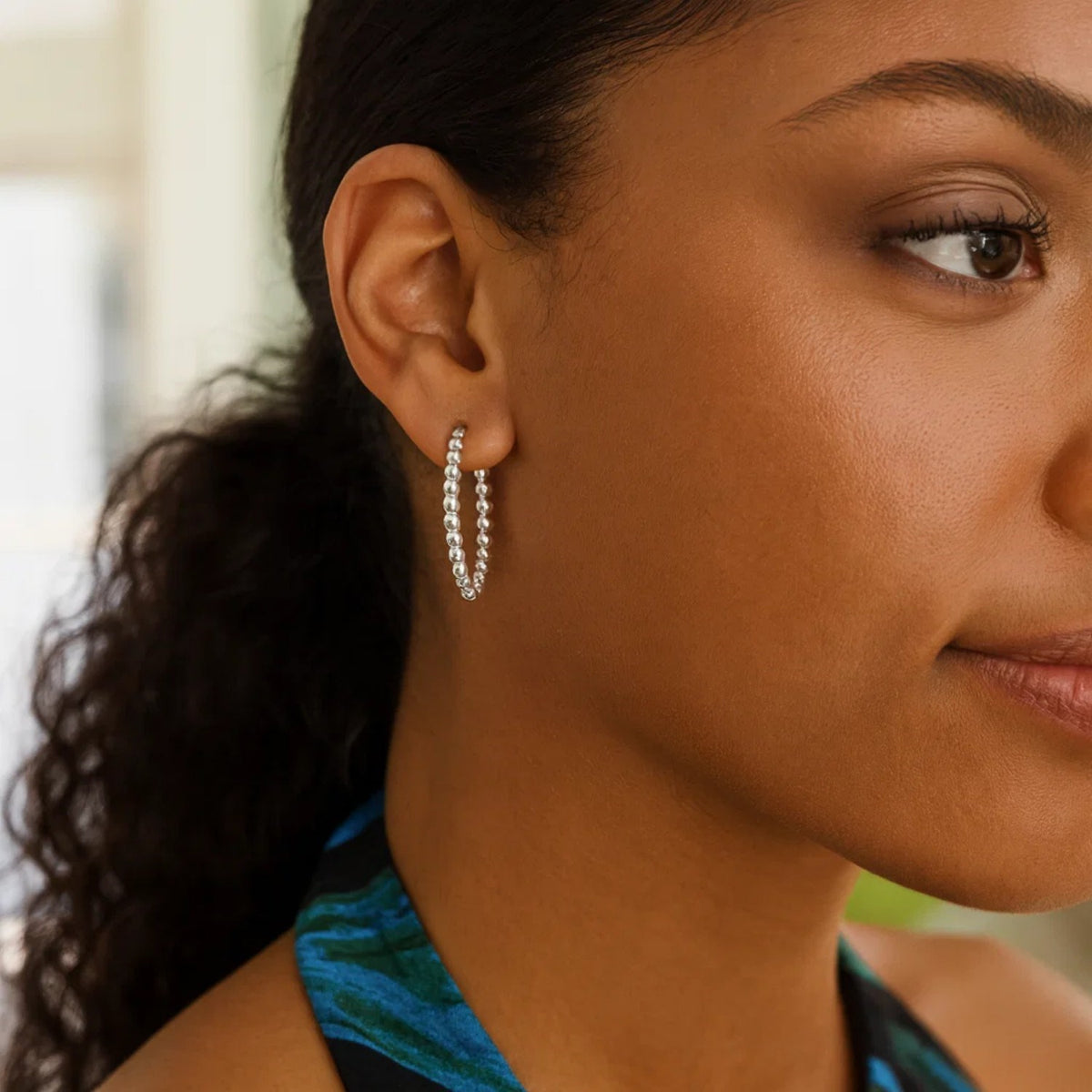 Sterling Silver Small Bead Hoop Earrings