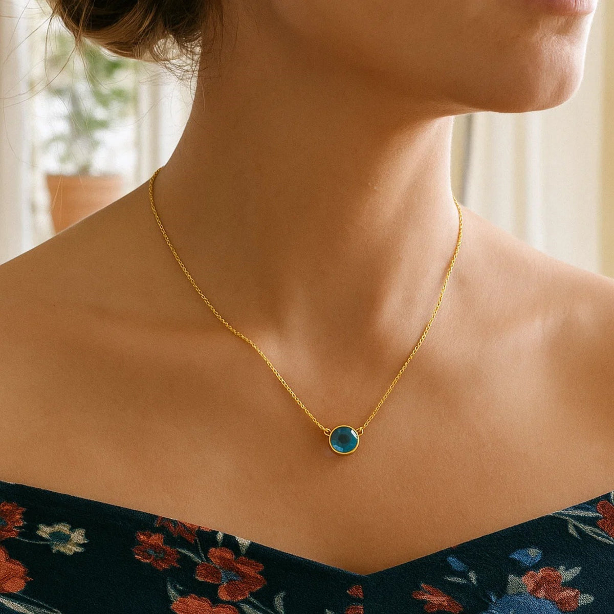 14k Yellow Gold 17 inch Necklace with Round Blue Topaz