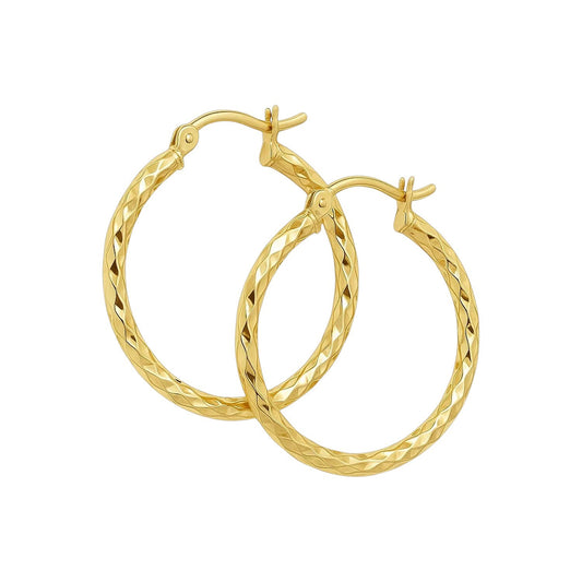 14k Yellow Gold Slender Hoop Earring with Diamond-Cut Finish (25mm Diameter)