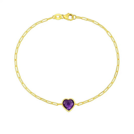 14K Yellow Gold Amethyst Heart Bracelet (1.50 mm)