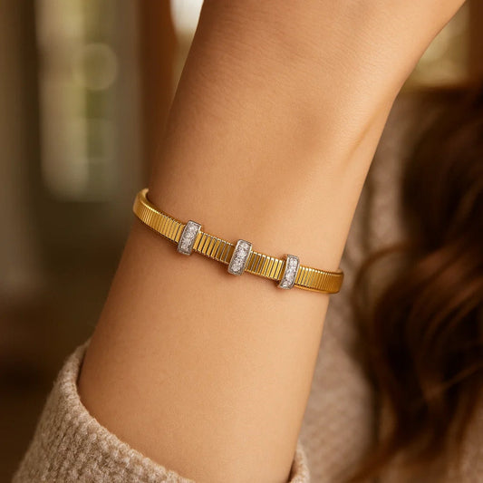 14K Yellow Gold Diamond Station Omega Cuff Bangle