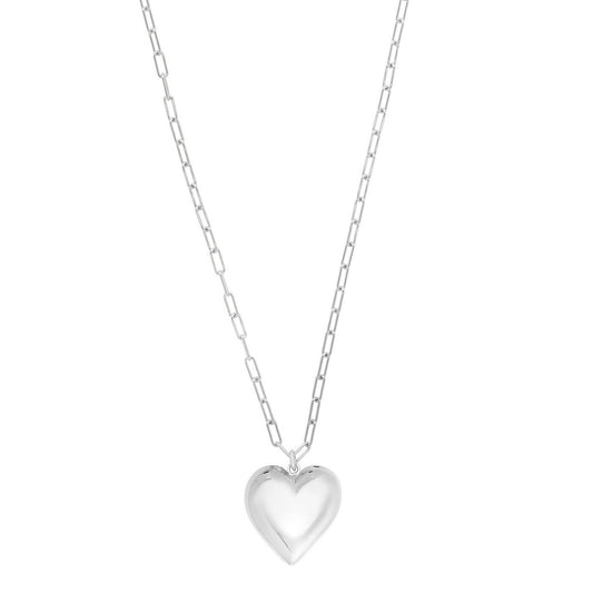 Sterling Silver Rhodium Plated Large Puffed Heart Long Necklace