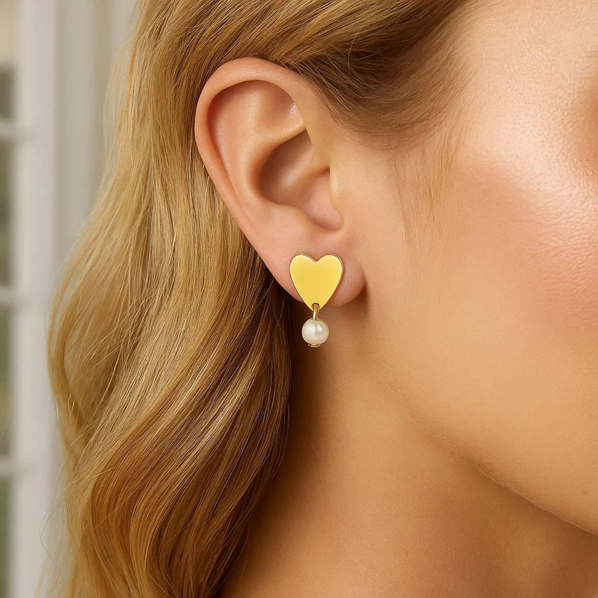 Heart and Pearl Drop Stud Earrings in 14K Yellow Gold