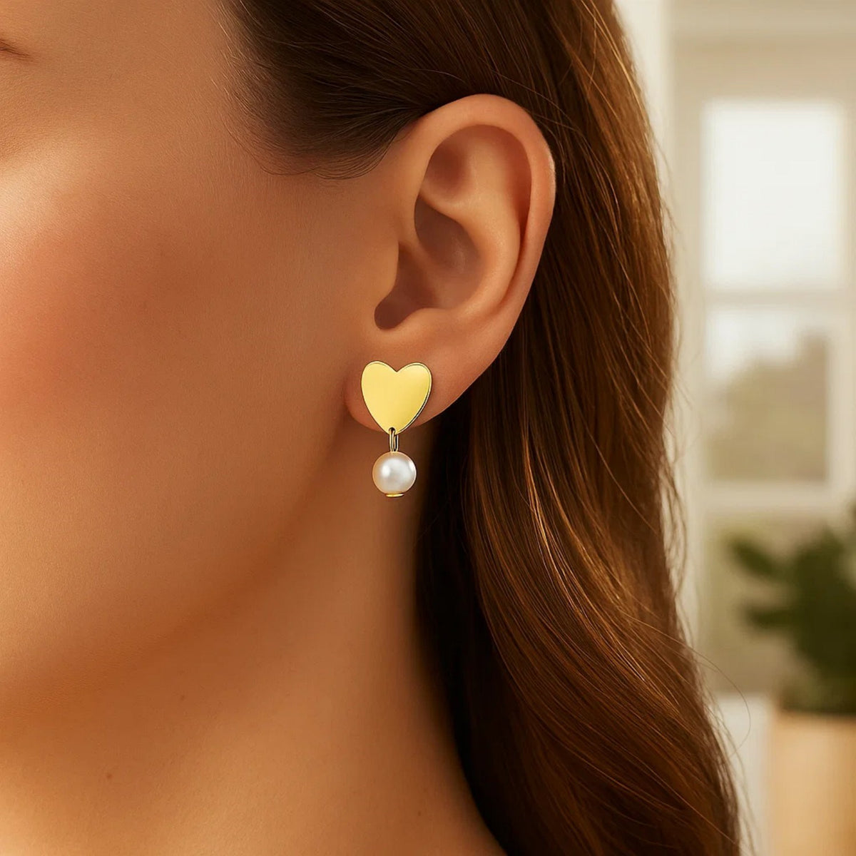 Heart and Pearl Drop Stud Earrings in 14K Yellow Gold