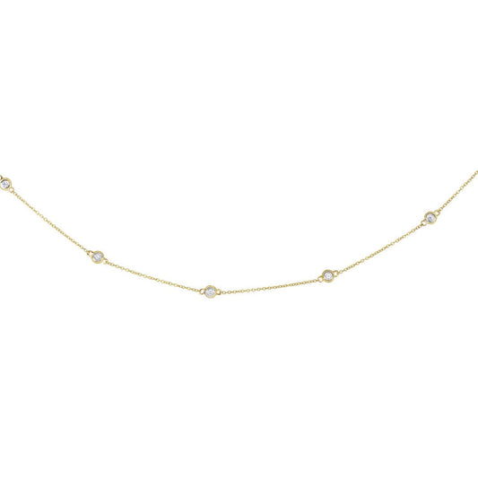 14k Yellow Gold Station Necklace with Round Diamonds