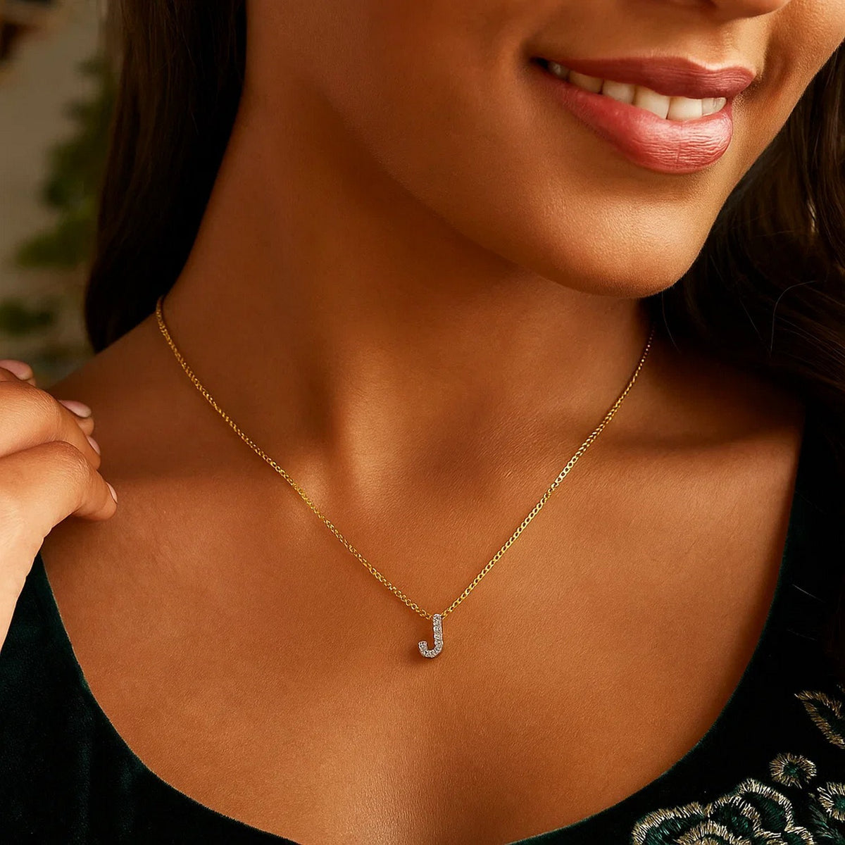 14K Yellow Gold Mini Diamond J Initial Pendant Necklace