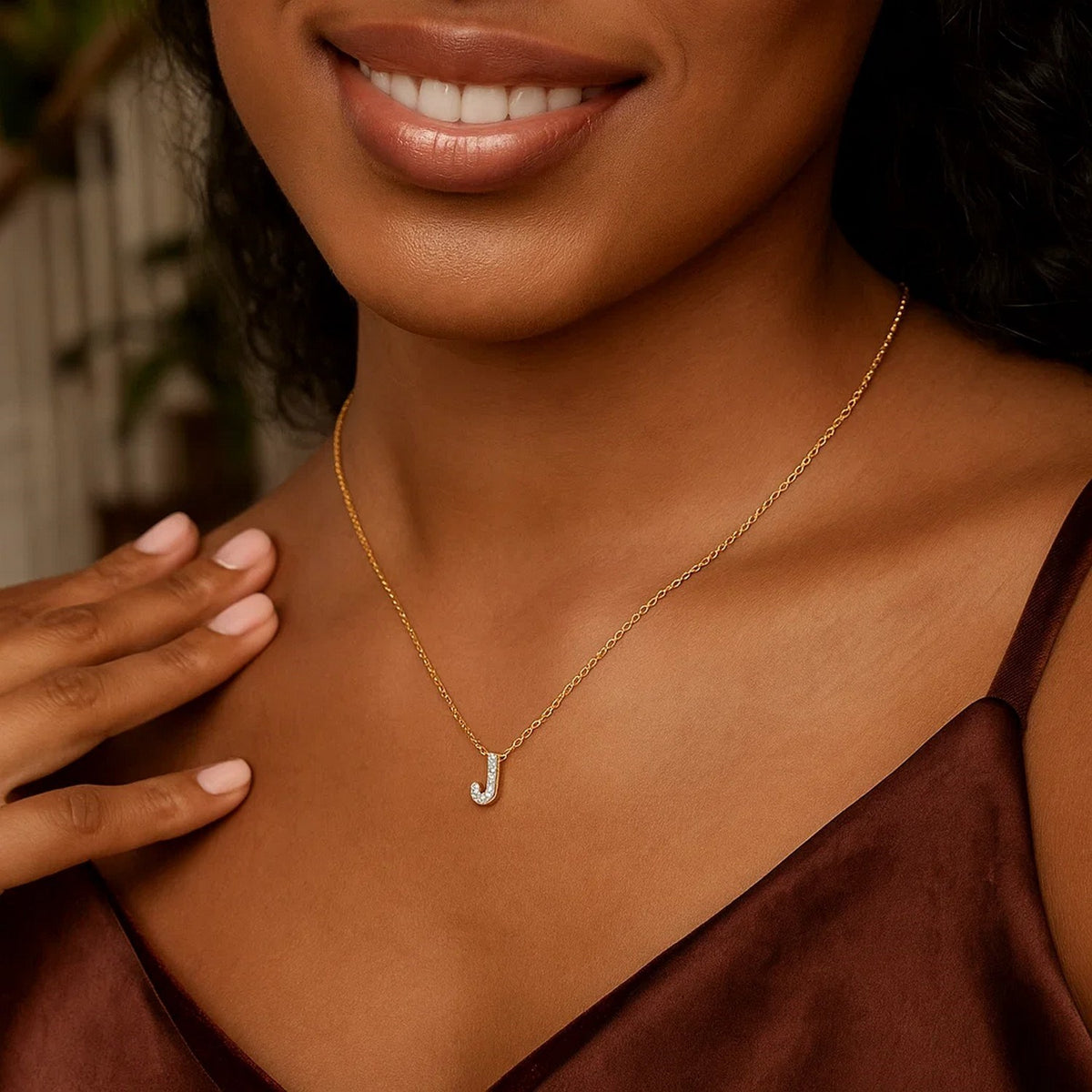 14K Yellow Gold Mini Diamond J Initial Pendant Necklace