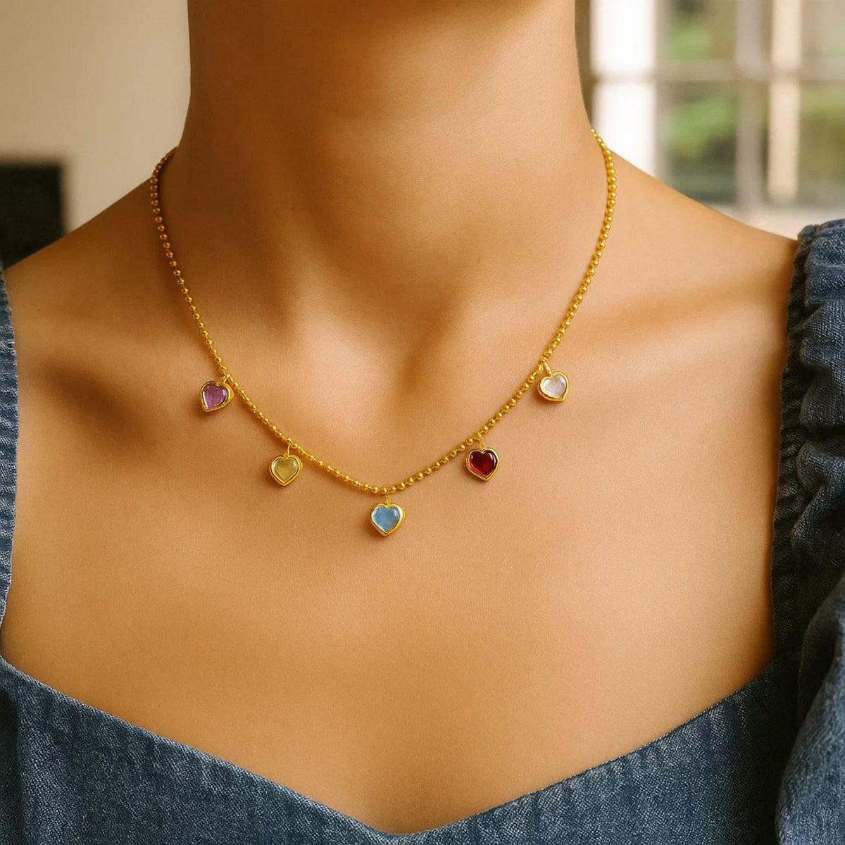 14K Yellow Gold Multi Gemstone Heart Necklace (1.50 mm)