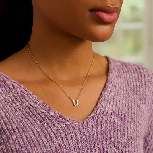 14K Yellow Gold Mini Diamond U Initial Pendant Necklace