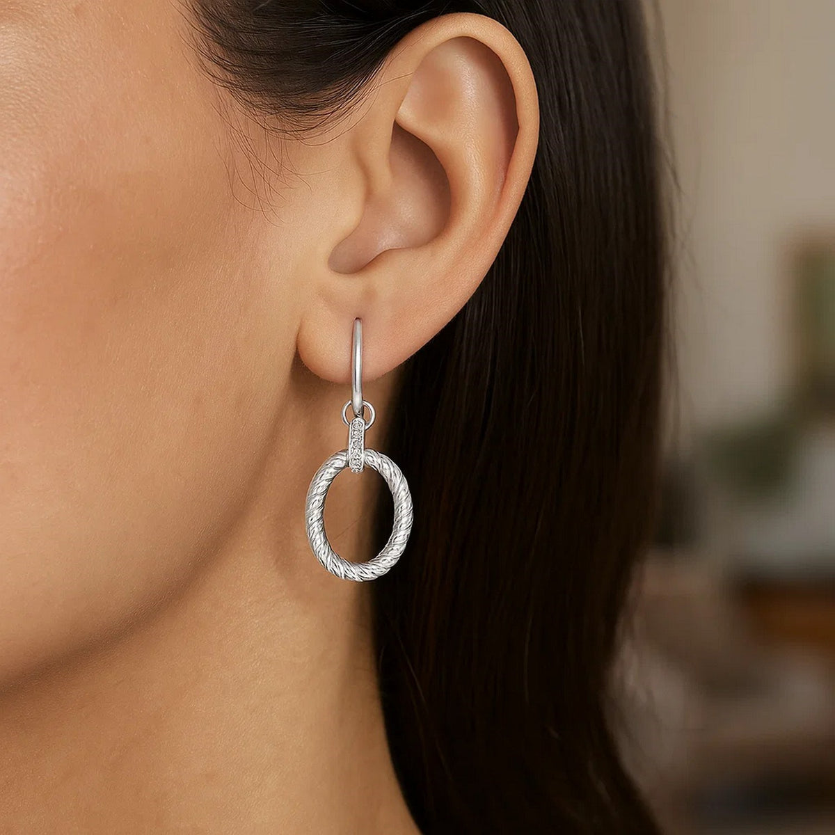 Sterling Silver Rhodium Finished Diamond Embellished Oval Rope Drop Earrings