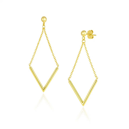 14k Yellow Gold Diamond Shape Chain Drop Earrings