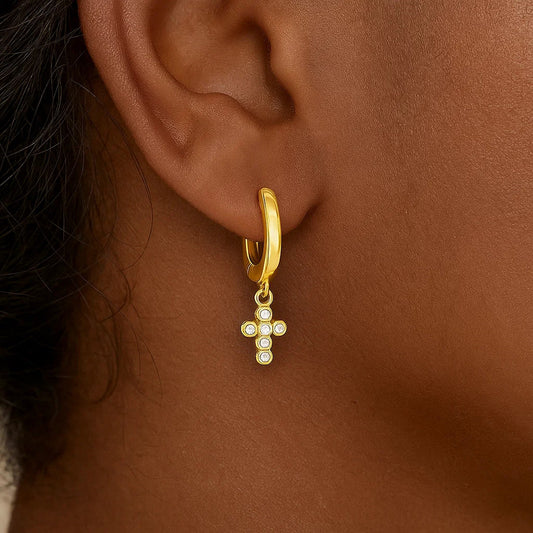 14K Yellow Gold Petite Diamond Cross Earrings