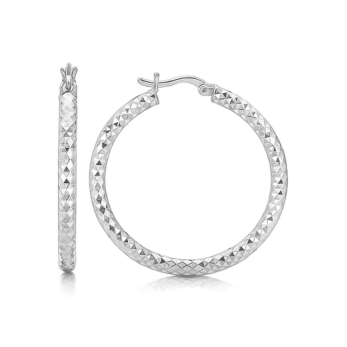 Sterling Silver Faceted Motif Large Hoop Earrings with Rhodium Plating(4x25mm)
