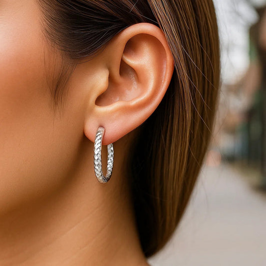 Sterling Silver Faceted Motif Large Hoop Earrings with Rhodium Plating(4x25mm)